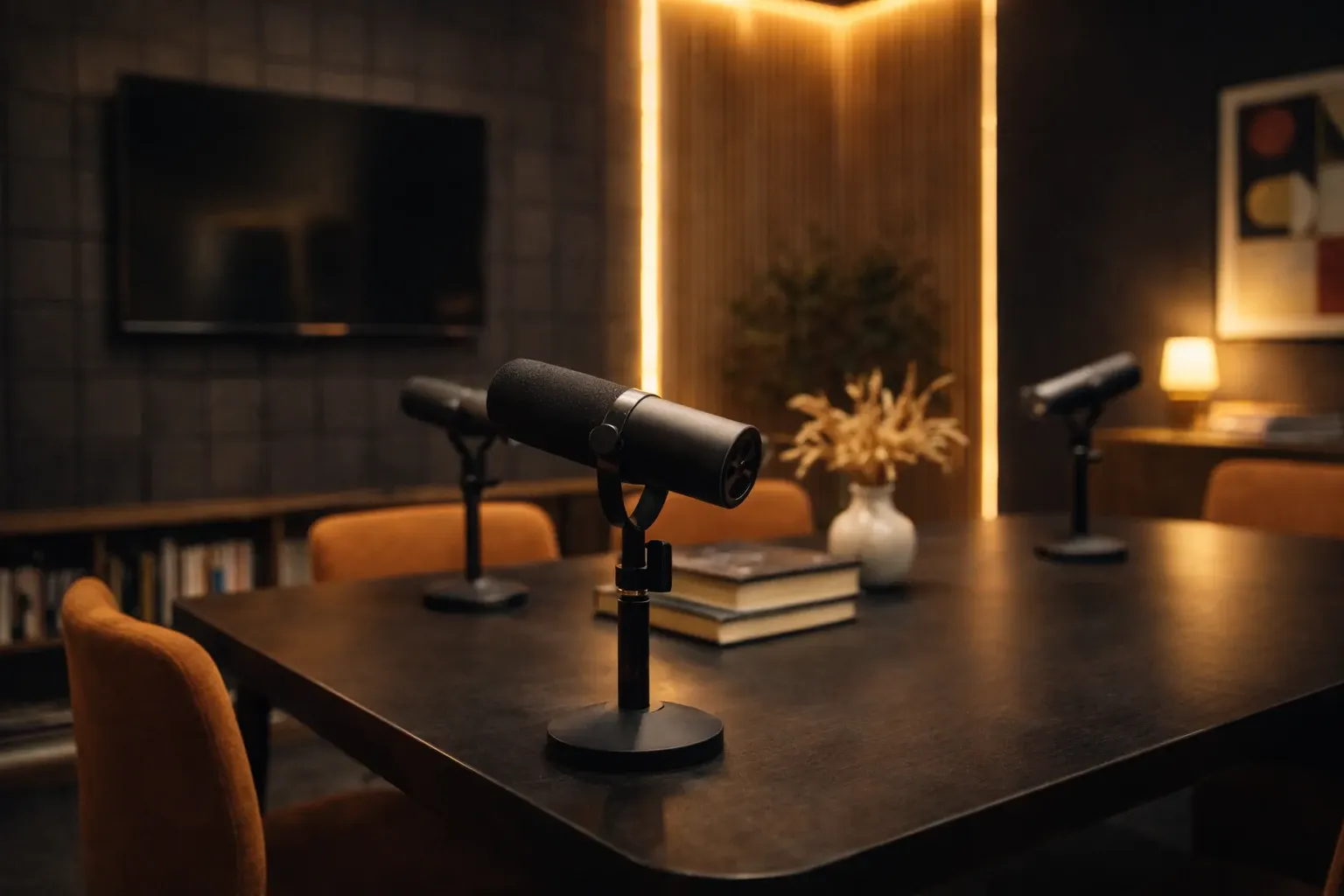 Plató Podcast: set de grabación con micrófonos y luz cálida