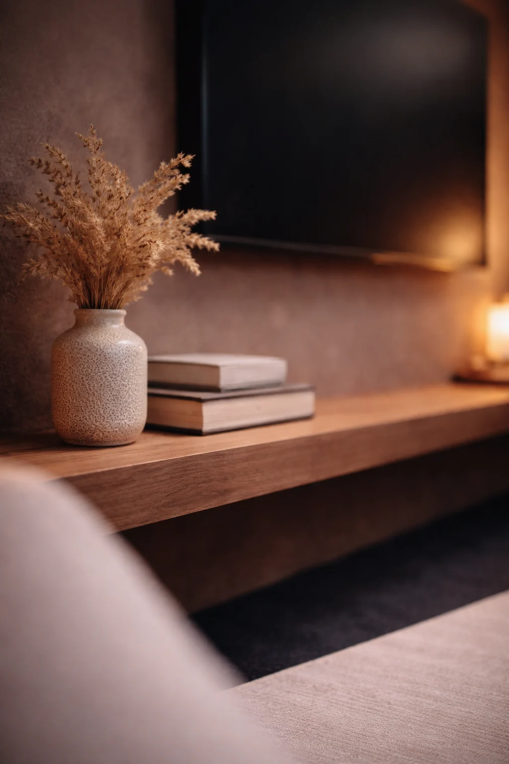 Detalle cálido del estudio: estante de madera con jarrón, libros y luz ambiente