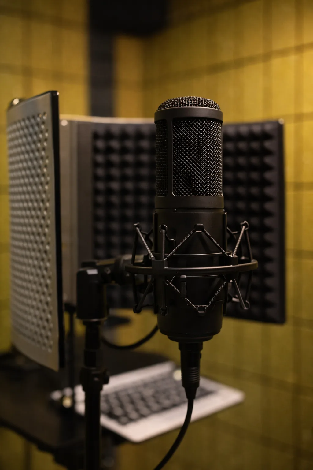 Micrófono de condensador con filtro antipop en una cabina de audio tratada acústicamente