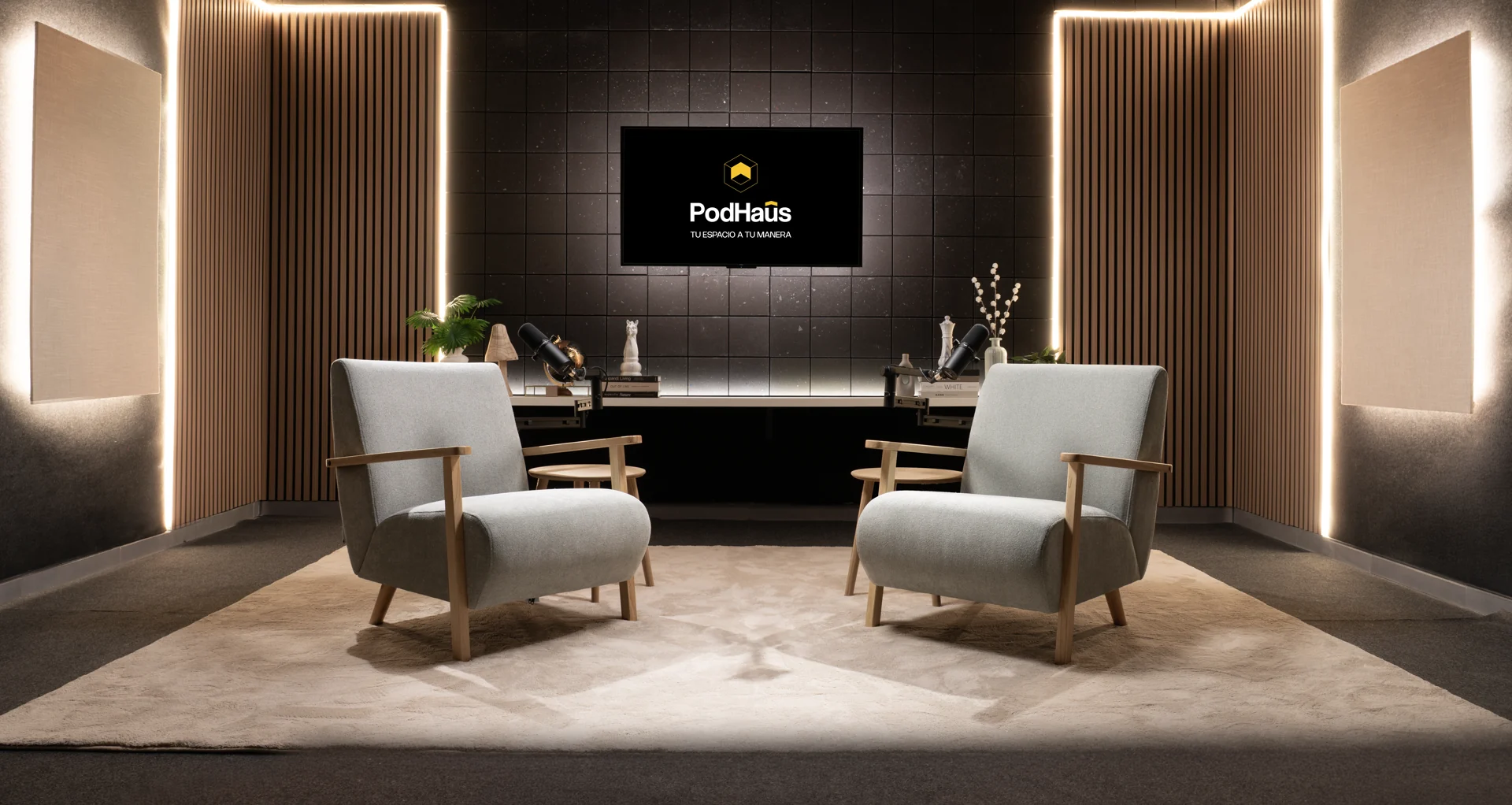 Sala principal del estudio con dos butacas enfrentadas y la pantalla de PodHaûs al fondo