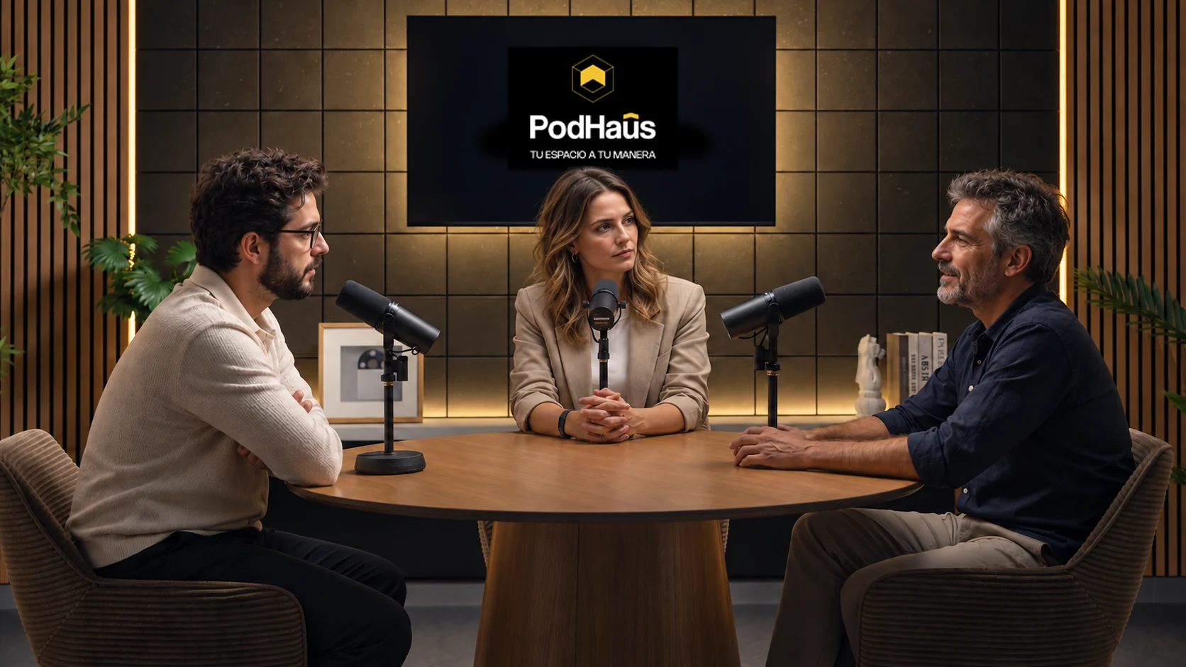 Tres personas grabando un videopodcast alrededor de la mesa redonda