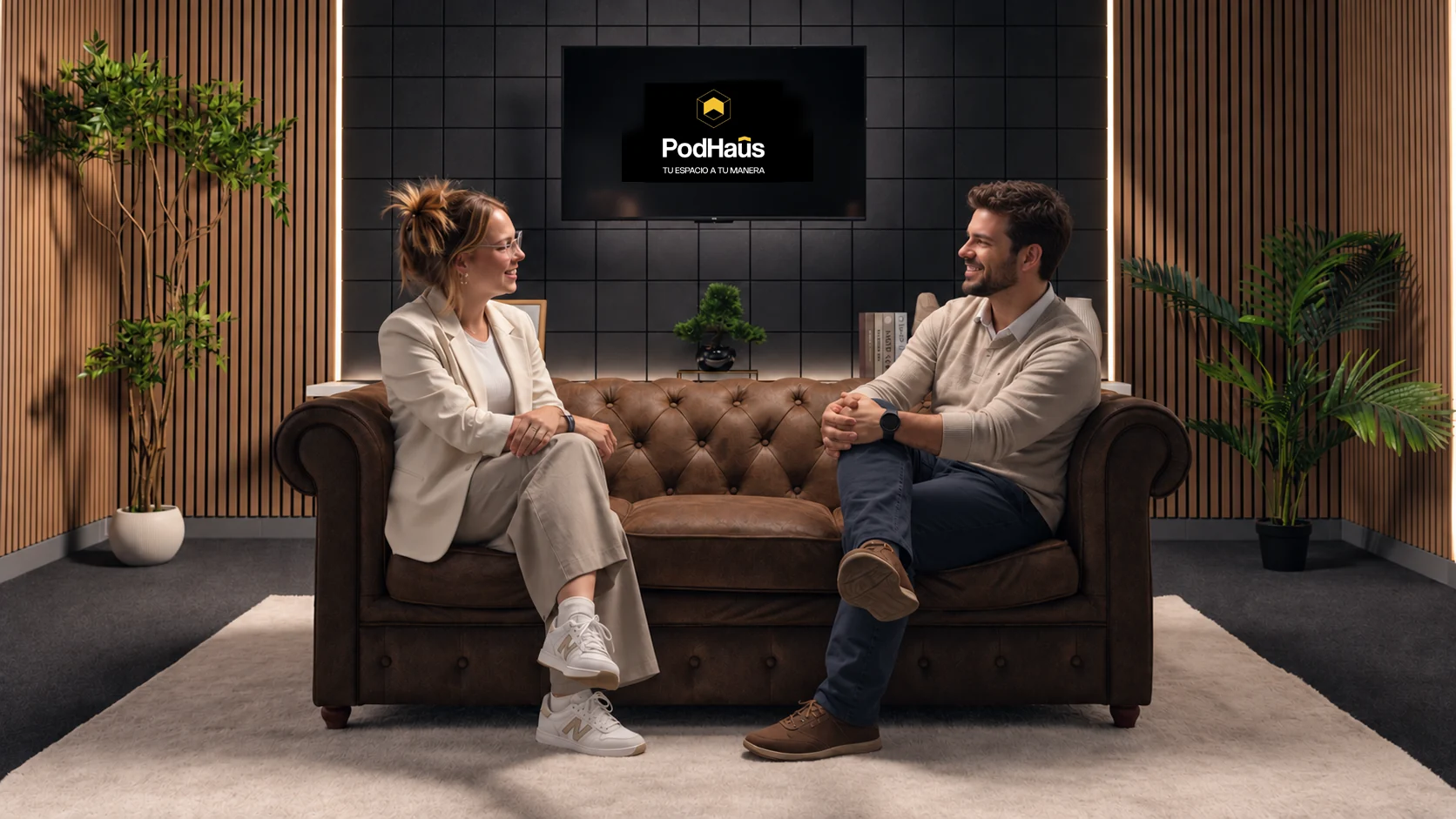 Dos personas conversando en el sofá Chesterfield del estudio
